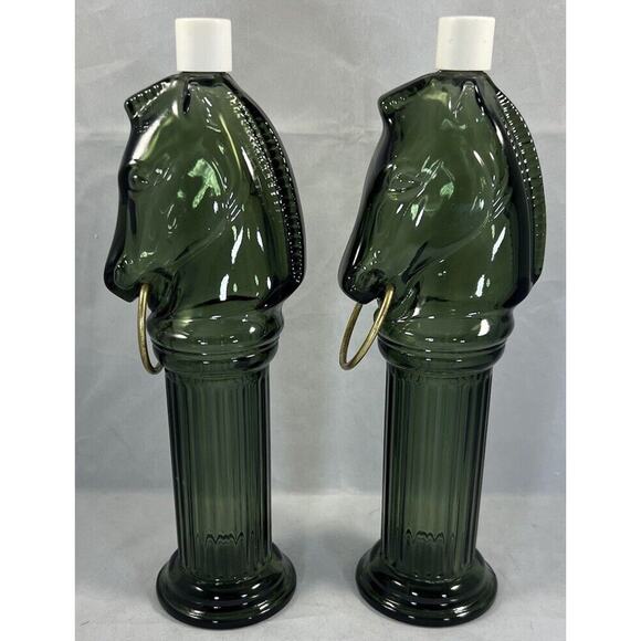 AVON Pony Post Decanter, Leather After Shave Lotion Glass Bottle, Green Lot Of 2 - Picture 3 of 13